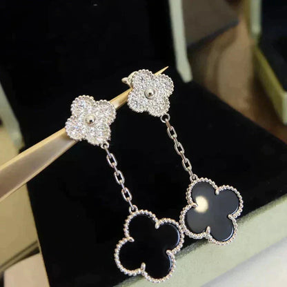 [Select]CLOVER 2 MOTIFS  DIAMOND ONYX EARRINGS SILVER