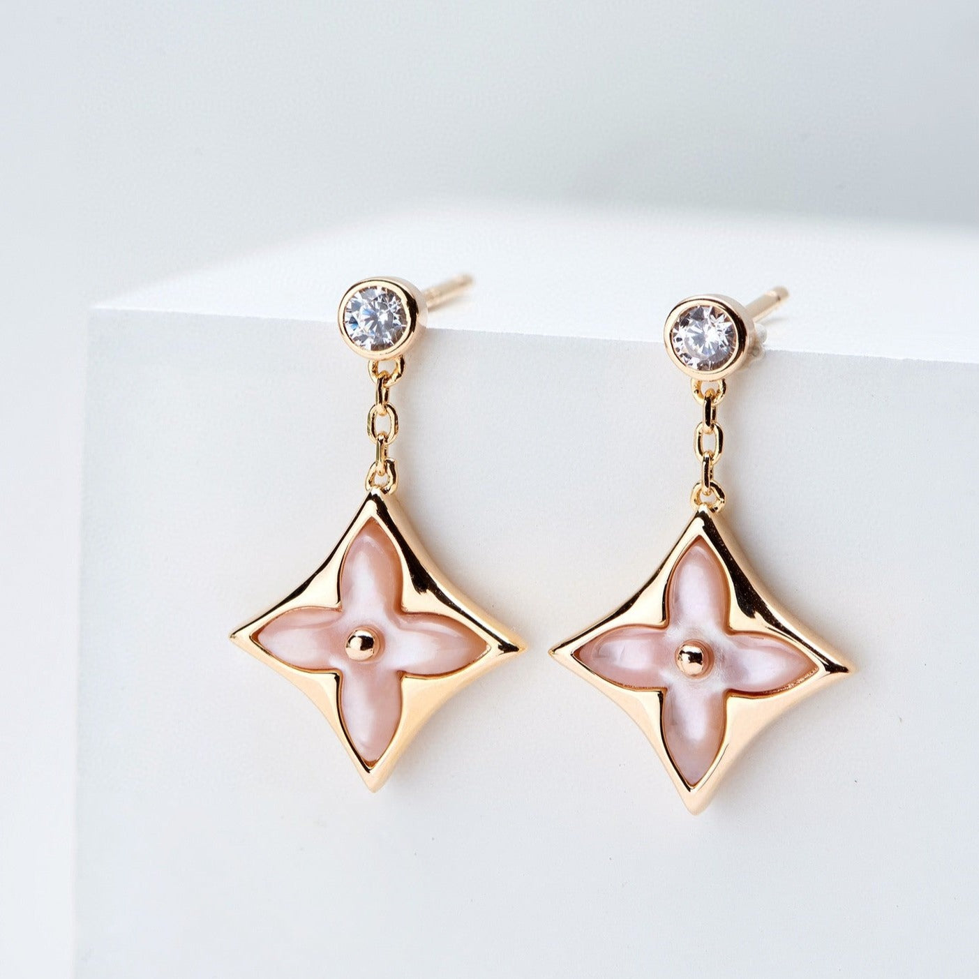 [Select]DOUBLE STAR PINK GOLD MOP DROP EARRINGS