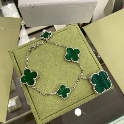 [Select]CLOVER 5 MOTIFS SIVLER MALACHITE BRACELET