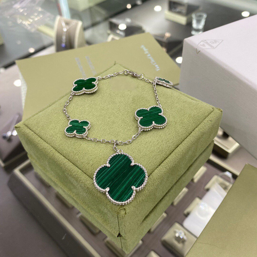 [Select]CLOVER 5 MOTIFS SIVLER MALACHITE BRACELET