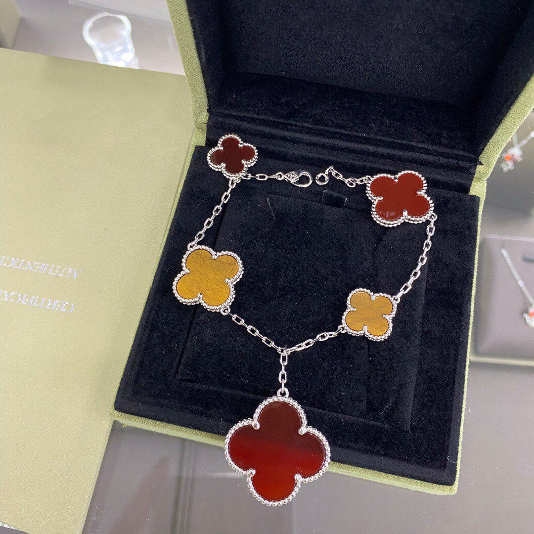[Select]CLOVER 5 MOTIFS SIVLER CARNELIAN TIGER EYE BRACELET