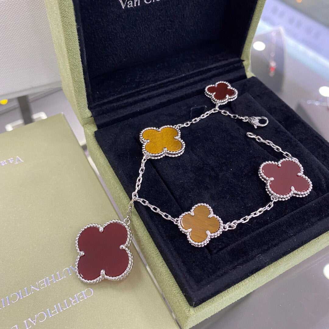 [Select]CLOVER 5 MOTIFS SIVLER CARNELIAN TIGER EYE BRACELET