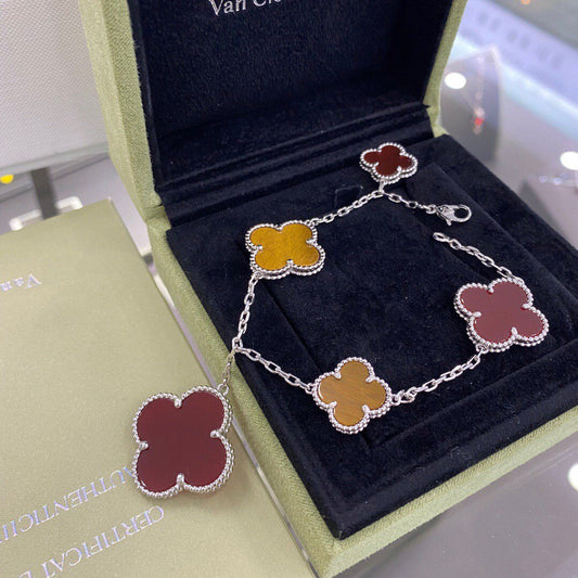 [Select]CLOVER 5 MOTIFS SIVLER CARNELIAN TIGER EYE BRACELET