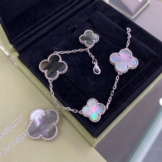 [Select]CLOVER 5 MOTIFS SIVLER DARK MOP BRACELET