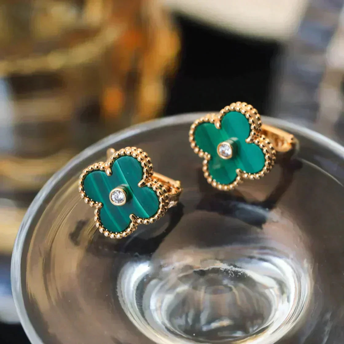[Select]CLOVER MEDIUM 1 MOTIFS MALACHITE DIAMOND EARRINGS