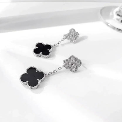 [Select]CLOVER 2 MOTIFS  DIAMOND ONYX EARRINGS SILVER