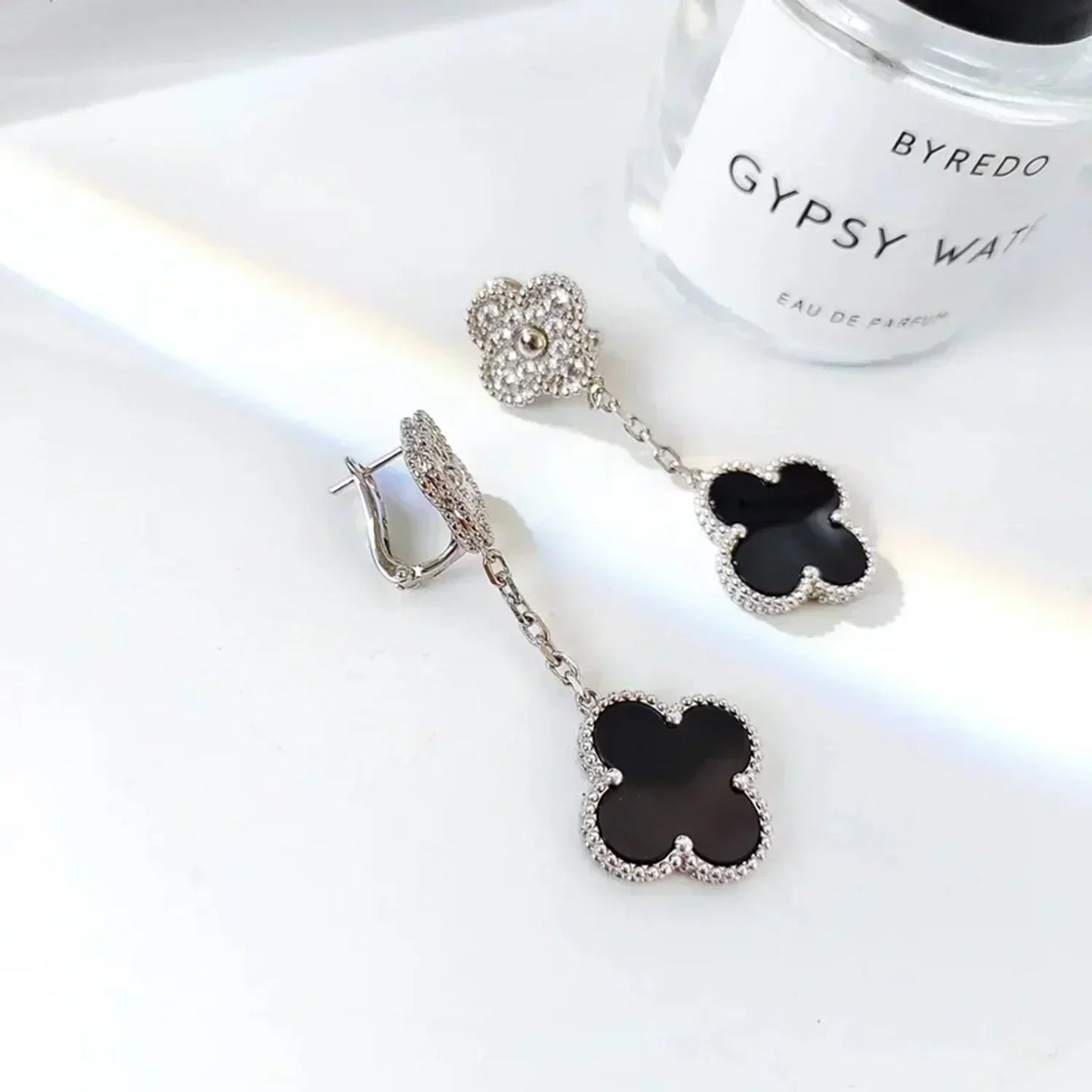 [Select]CLOVER 2 MOTIFS  DIAMOND ONYX EARRINGS SILVER