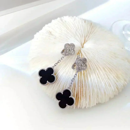 [Select]CLOVER 2 MOTIFS  DIAMOND ONYX EARRINGS SILVER