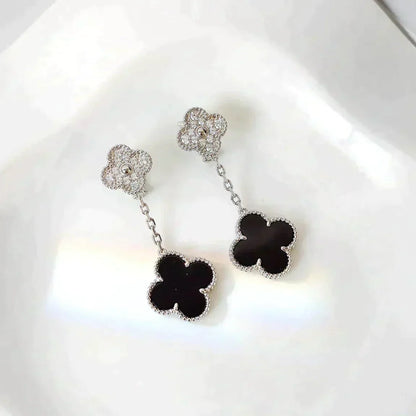 [Select]CLOVER 2 MOTIFS  DIAMOND ONYX EARRINGS SILVER