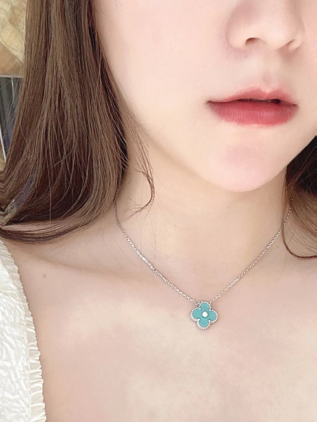 [Select]CLOVER 1 DIAMOND LIGHT BLUE SILVER NECKLACE
