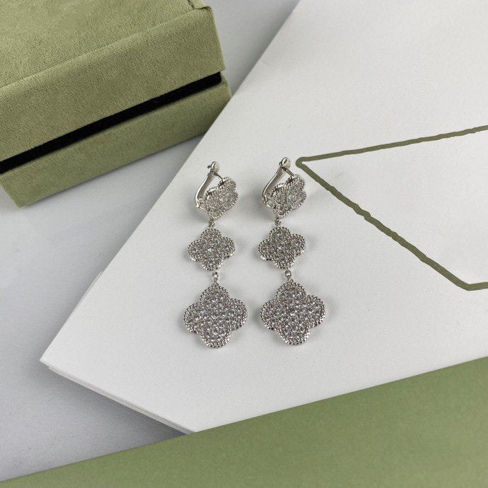 [Select]CLOVER 3 MOTIF DIAMOND SILVER DROP EARRINGS