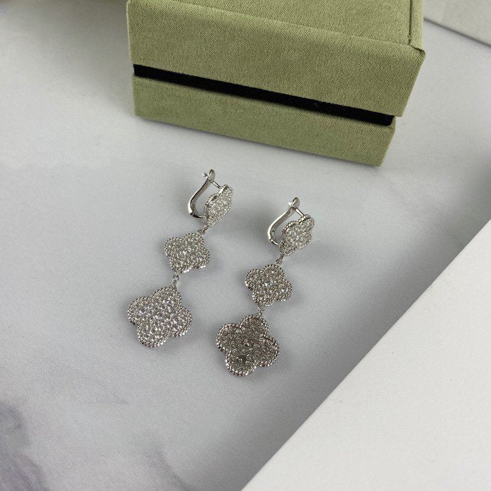 [Select]CLOVER 3 MOTIF DIAMOND SILVER DROP EARRINGS