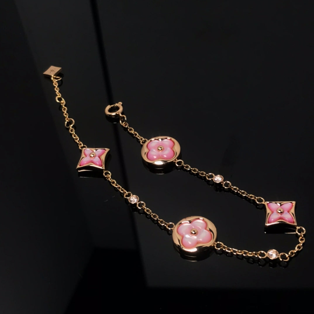 [Select]STAR AND SUN 4 MOTIF PINK MOP PINK GOLD BRACELET