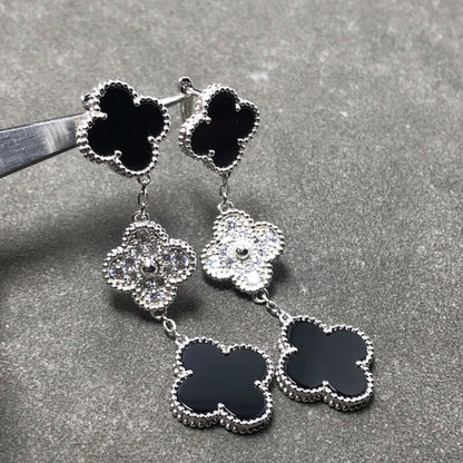 [Select]CLOVER 3 MOTIF DIAMOND ONYX SILVER EARRINGS