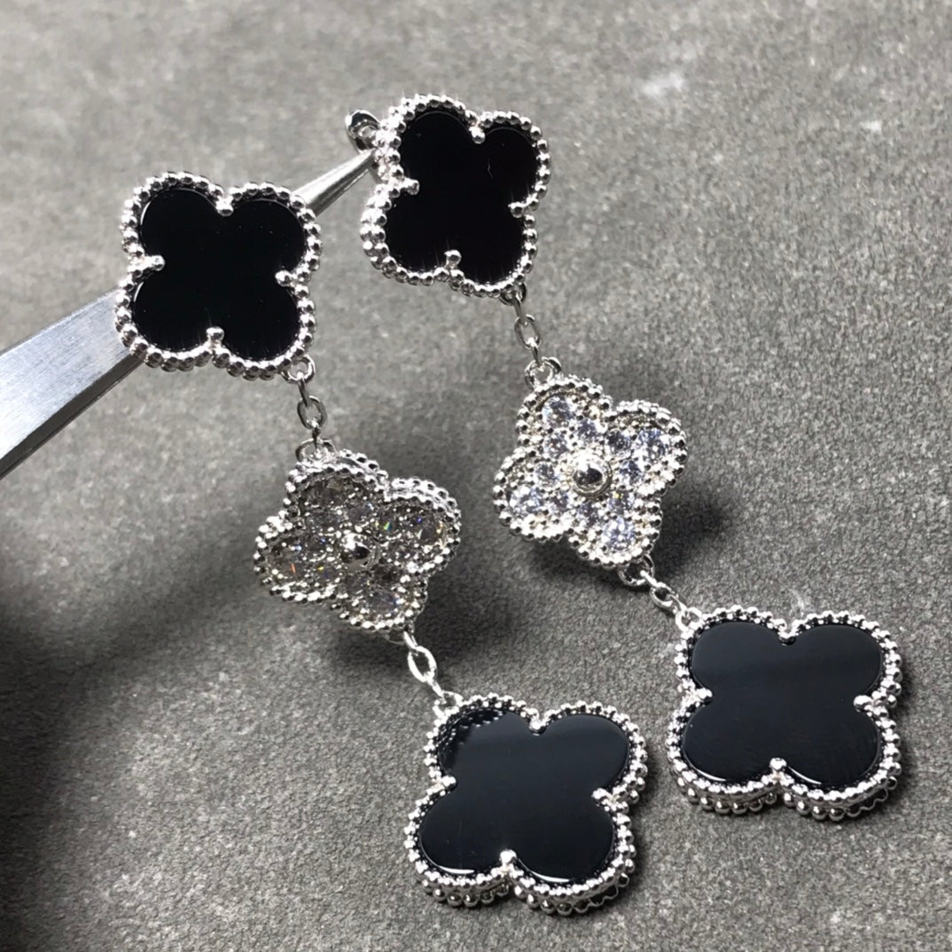 [Select]CLOVER 3 MOTIF DIAMOND ONYX SILVER EARRINGS