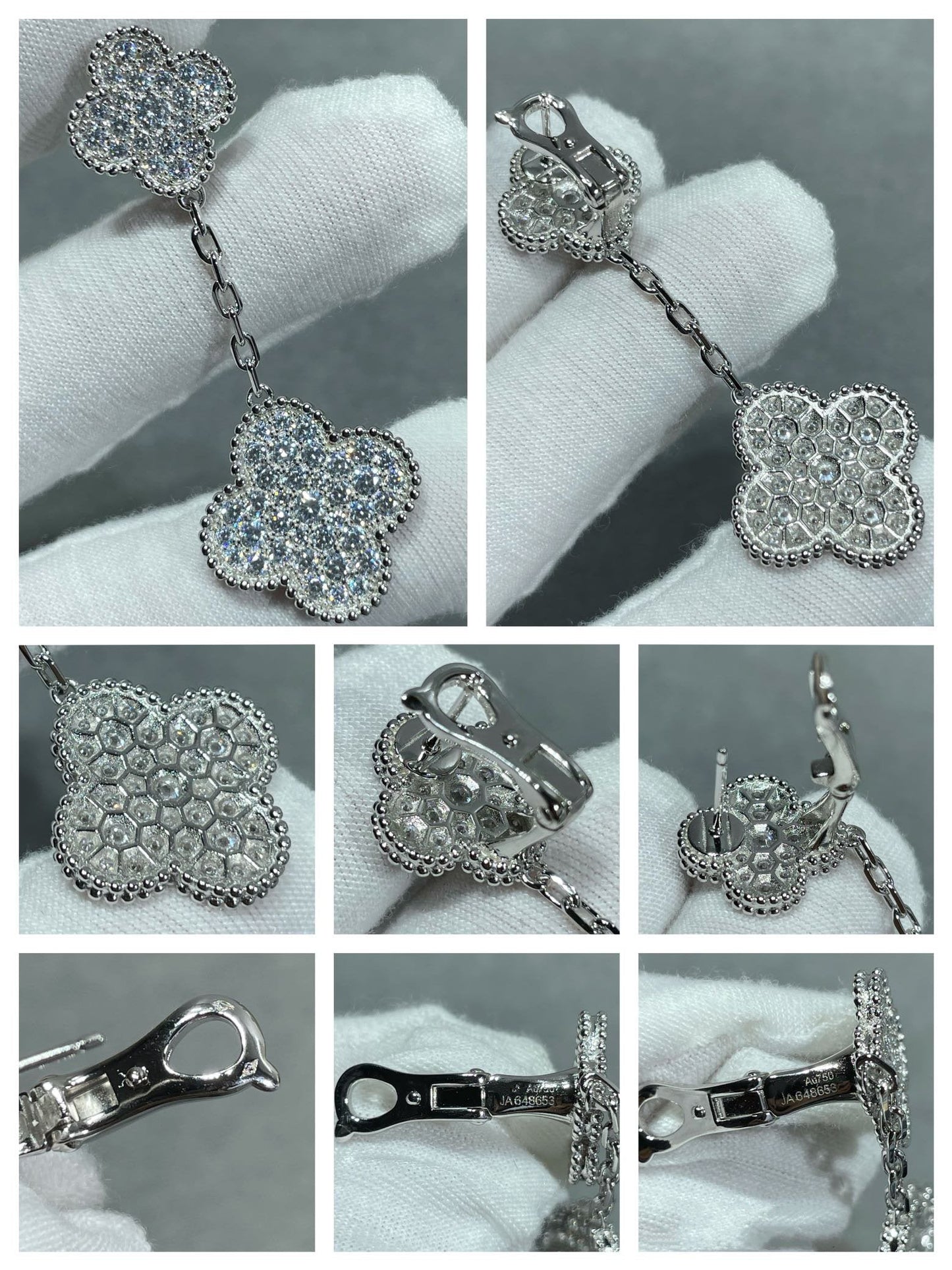 [Select]CLOVER 2 MOTIFS DIAMOND PAVED SILVER EARRINGS