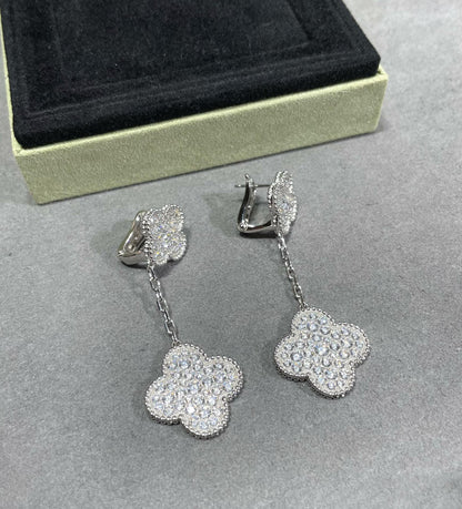 [Select]CLOVER 2 MOTIFS DIAMOND PAVED SILVER EARRINGS