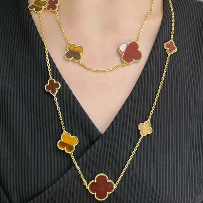 [Select]CLOVER 16 MOTIF CARNELIAN TIGER EYE Select GOLD NECKLACE