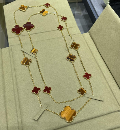 [Select]CLOVER 16 MOTIF CARNELIAN TIGER EYE Select GOLD NECKLACE