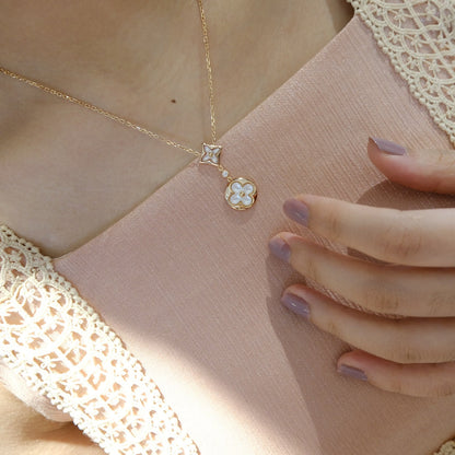 [Select]STAR AND SUN WHITE MOP 2 MOTIF PINK GOLD NECKLACE