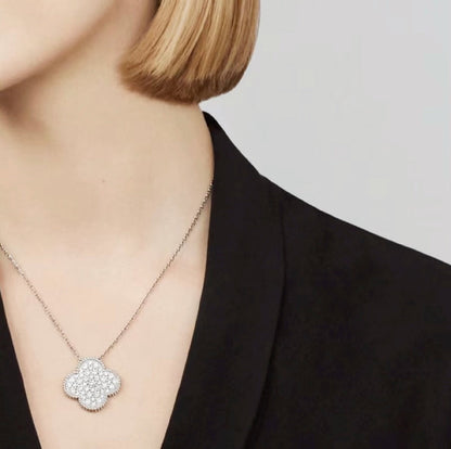 [Select]CLOVER 25MM LARGE PENDANT DIAMOND PAVED SILVER NECKLACE