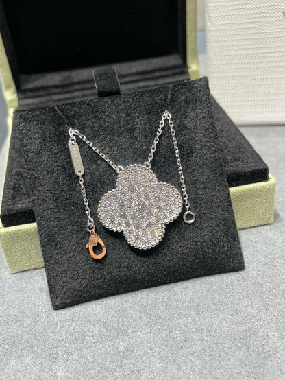 [Select]CLOVER 25MM LARGE PENDANT DIAMOND PAVED SILVER NECKLACE