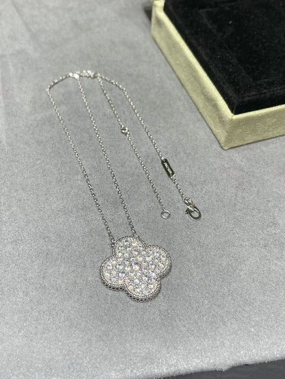 [Select]CLOVER 25MM LARGE PENDANT DIAMOND PAVED SILVER NECKLACE