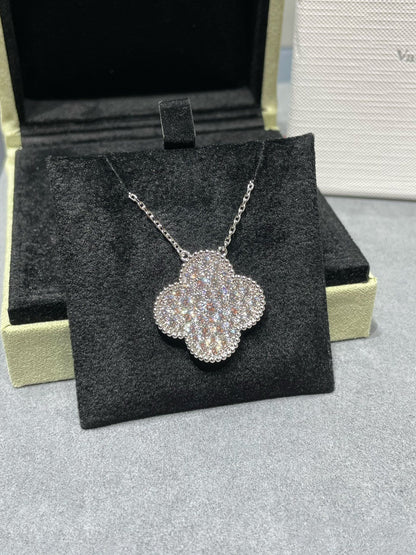 [Select]CLOVER 25MM LARGE PENDANT DIAMOND PAVED SILVER NECKLACE