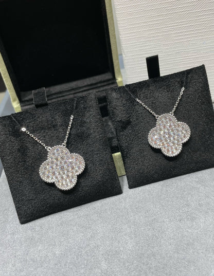 [Select]CLOVER 25MM LARGE PENDANT DIAMOND PAVED SILVER NECKLACE