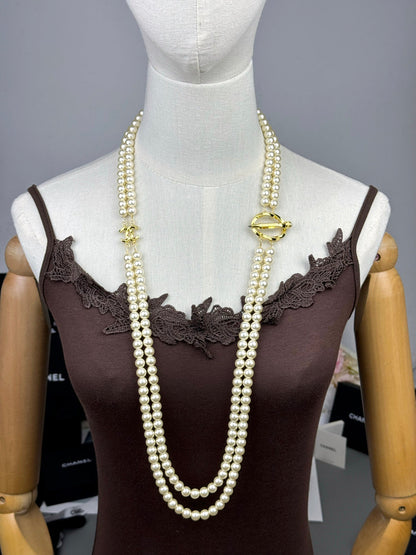 [Select]25K Pencil Double C Double-Layer Pearl Sweater Chain