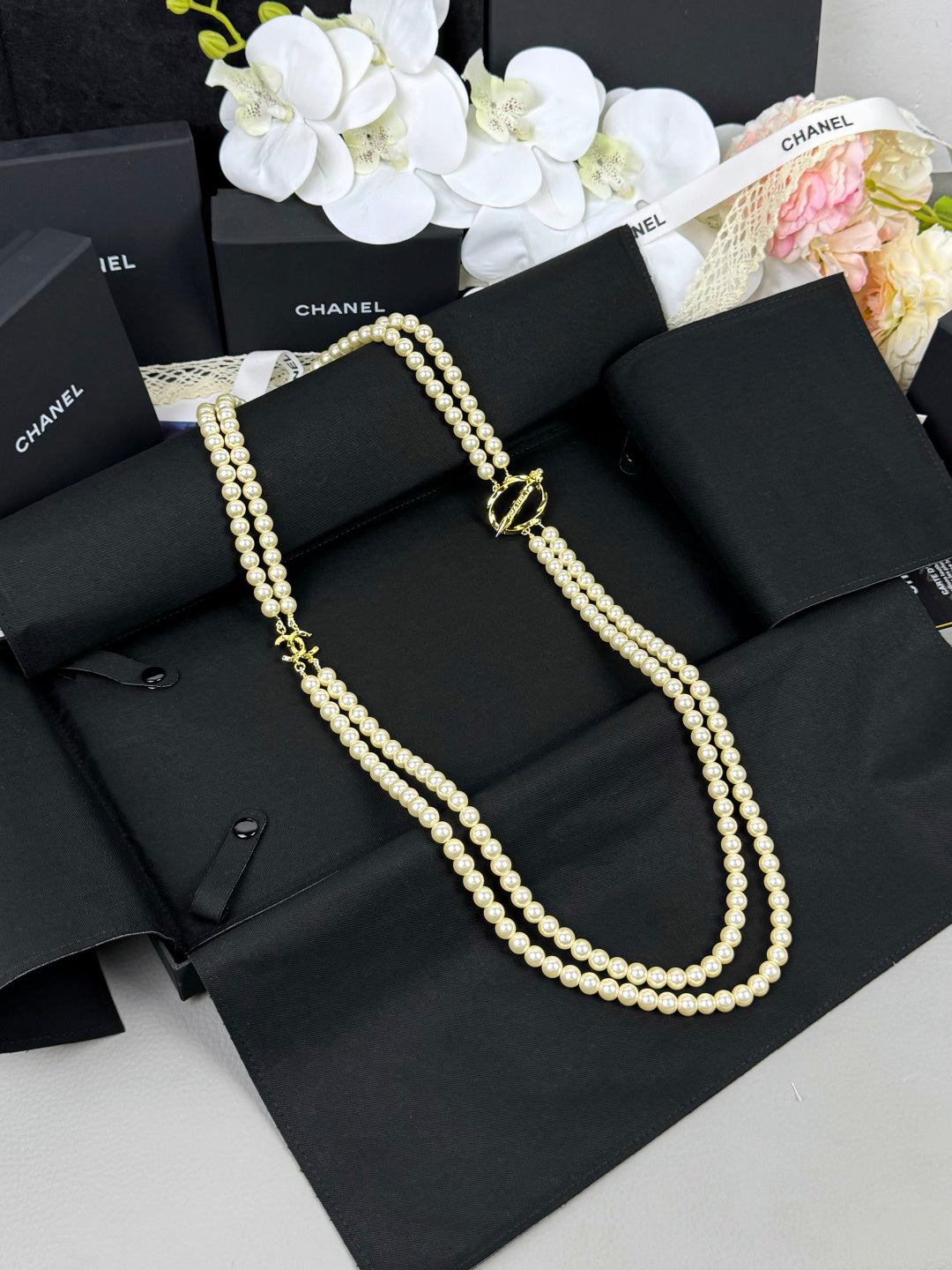 [Select]25K Pencil Double C Double-Layer Pearl Sweater Chain