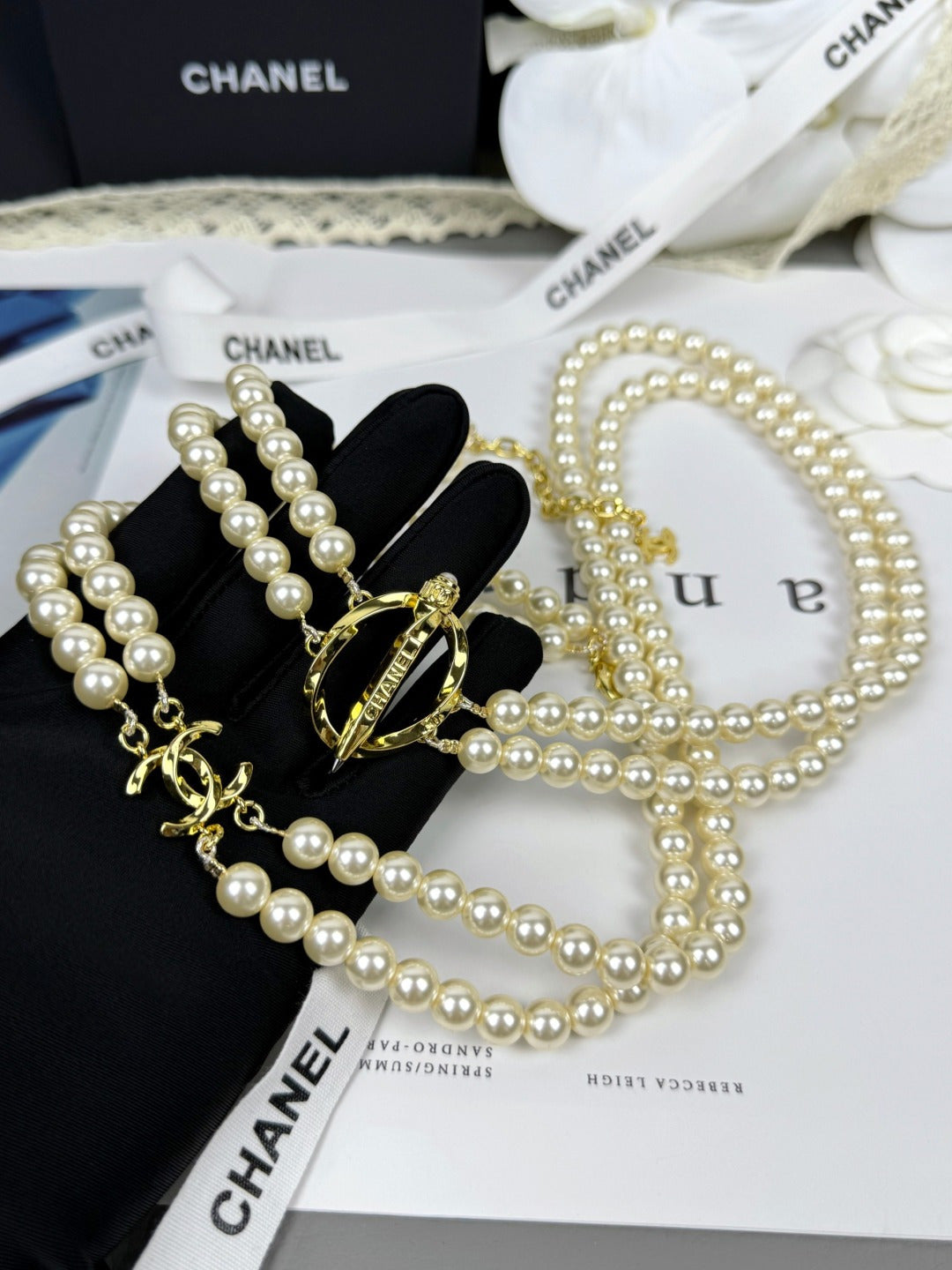 [Select]25K Pencil Double C Double-Layer Pearl Sweater Chain
