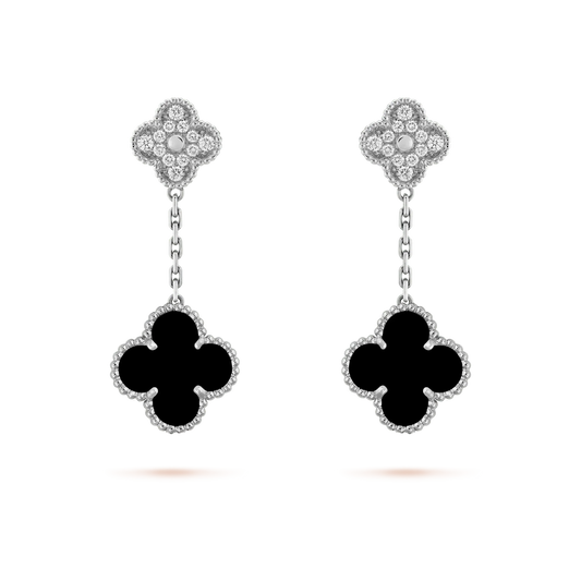 [Select]CLOVER 2 MOTIFS  DIAMOND ONYX EARRINGS SILVER