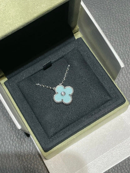[Select]CLOVER 1 DIAMOND LIGHT BLUE SILVER NECKLACE