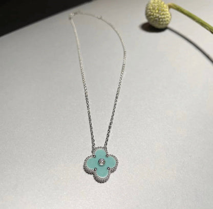[Select]CLOVER 1 DIAMOND LIGHT BLUE SILVER NECKLACE