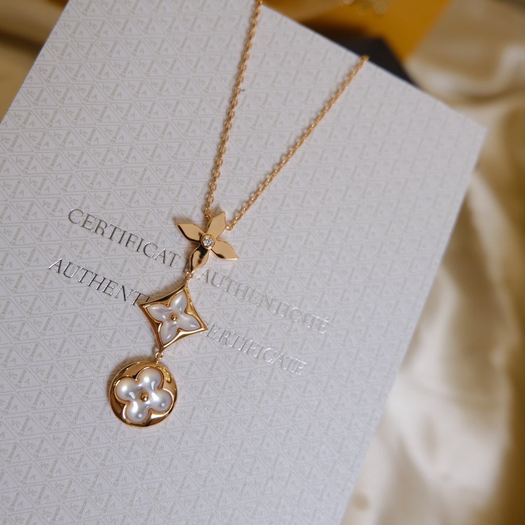 [Select]COLOR BLOSSOM LARIAT NECKLACE PINK GOLD WHITE MOTHER PEARL AND DIAMOND