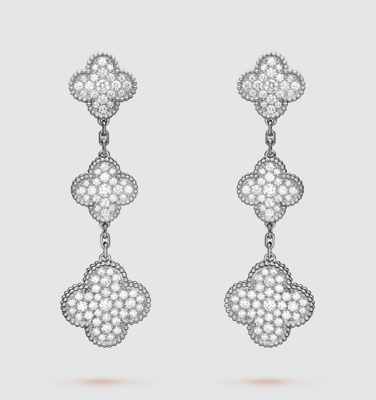 [Select]CLOVER 3 MOTIF DIAMOND SILVER DROP EARRINGS