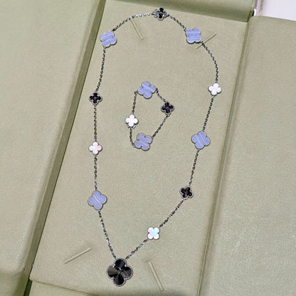 [Select]DETACHABLE CLOVER 15(11+4) FLOWER SILVER NECKLACE SET