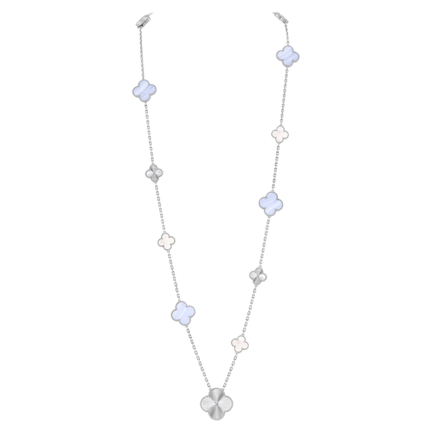 [Select]DETACHABLE CLOVER 15(11+4) FLOWER SILVER NECKLACE SET