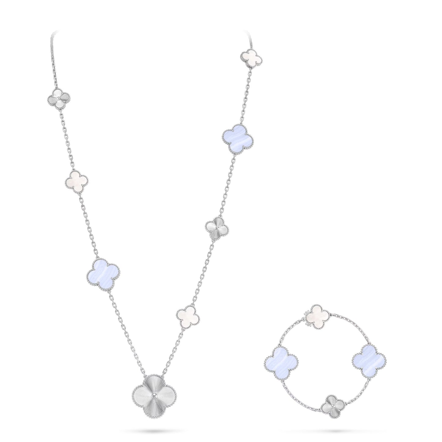[Select]DETACHABLE CLOVER 15(11+4) FLOWER SILVER NECKLACE SET