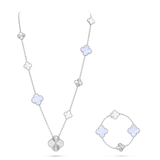 [Select]DETACHABLE CLOVER 15(11+4) FLOWER SILVER NECKLACE SET