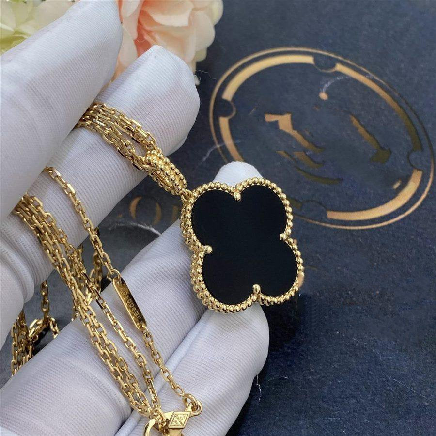 [Select]CLOVER 25MM GOLD ONYX BIG CLOVER NECKLACE