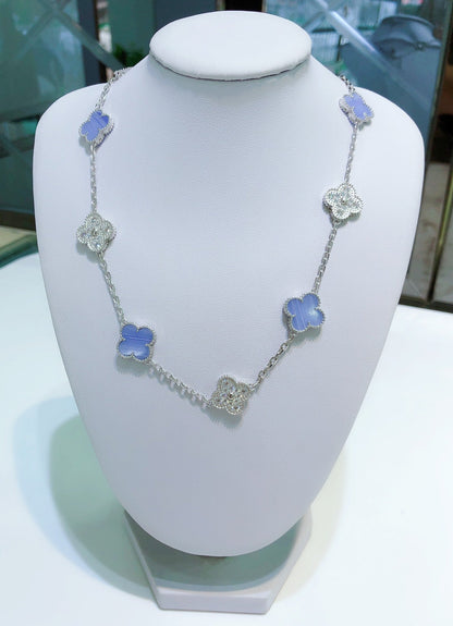 [Select]CLOVER 10 MOTIFS CHALCEDONY DIAMONDS SILVER NECKLACE