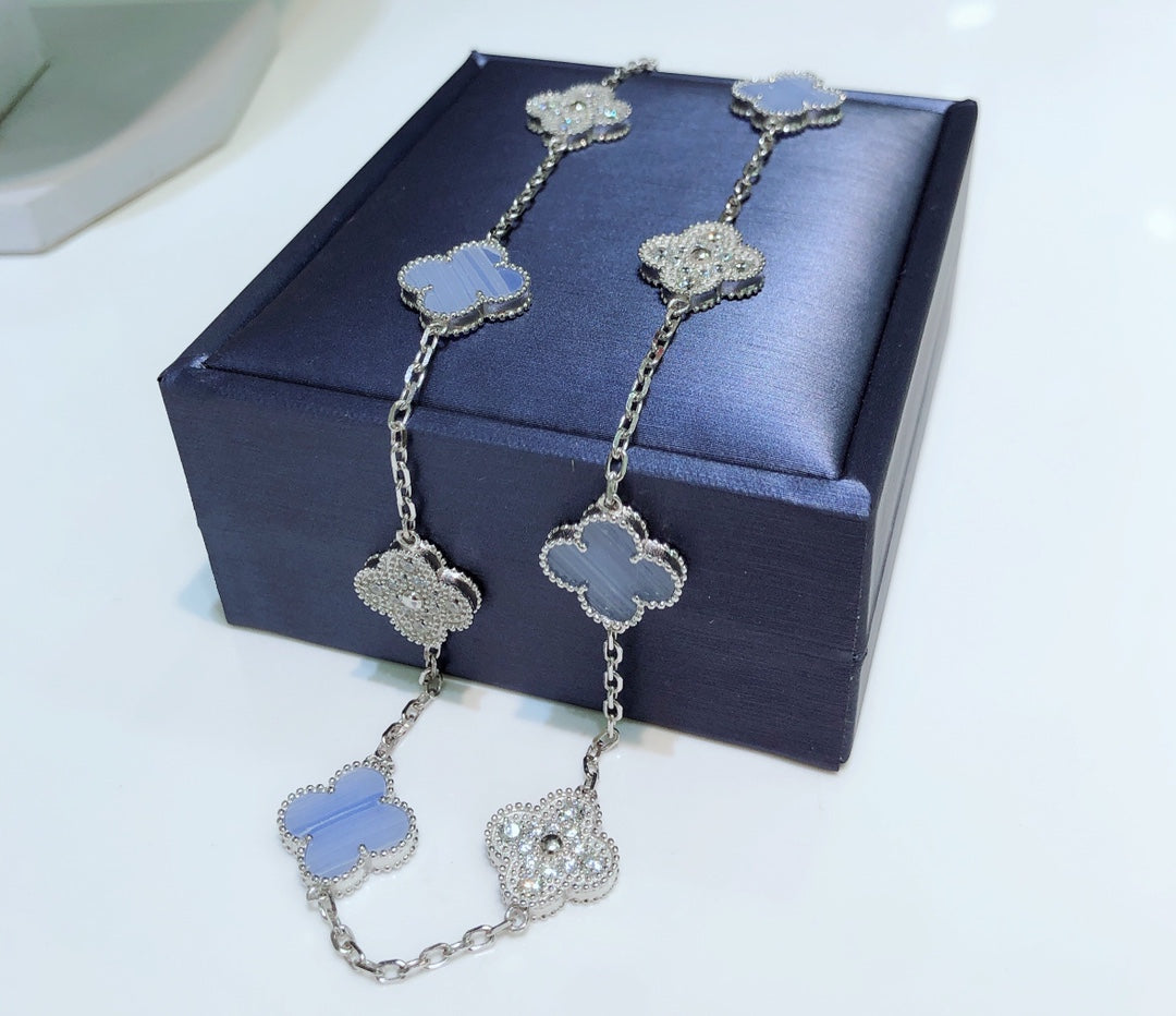 [Select]CLOVER 10 MOTIFS CHALCEDONY DIAMONDS SILVER NECKLACE