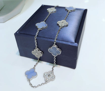 [Select]CLOVER 10 MOTIFS CHALCEDONY DIAMONDS SILVER NECKLACE