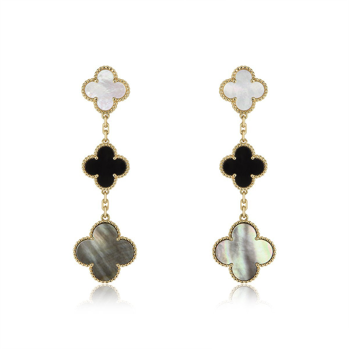 [Select]CLOVER EARRINGS GOLD ONYX MOP 3 MOTIF